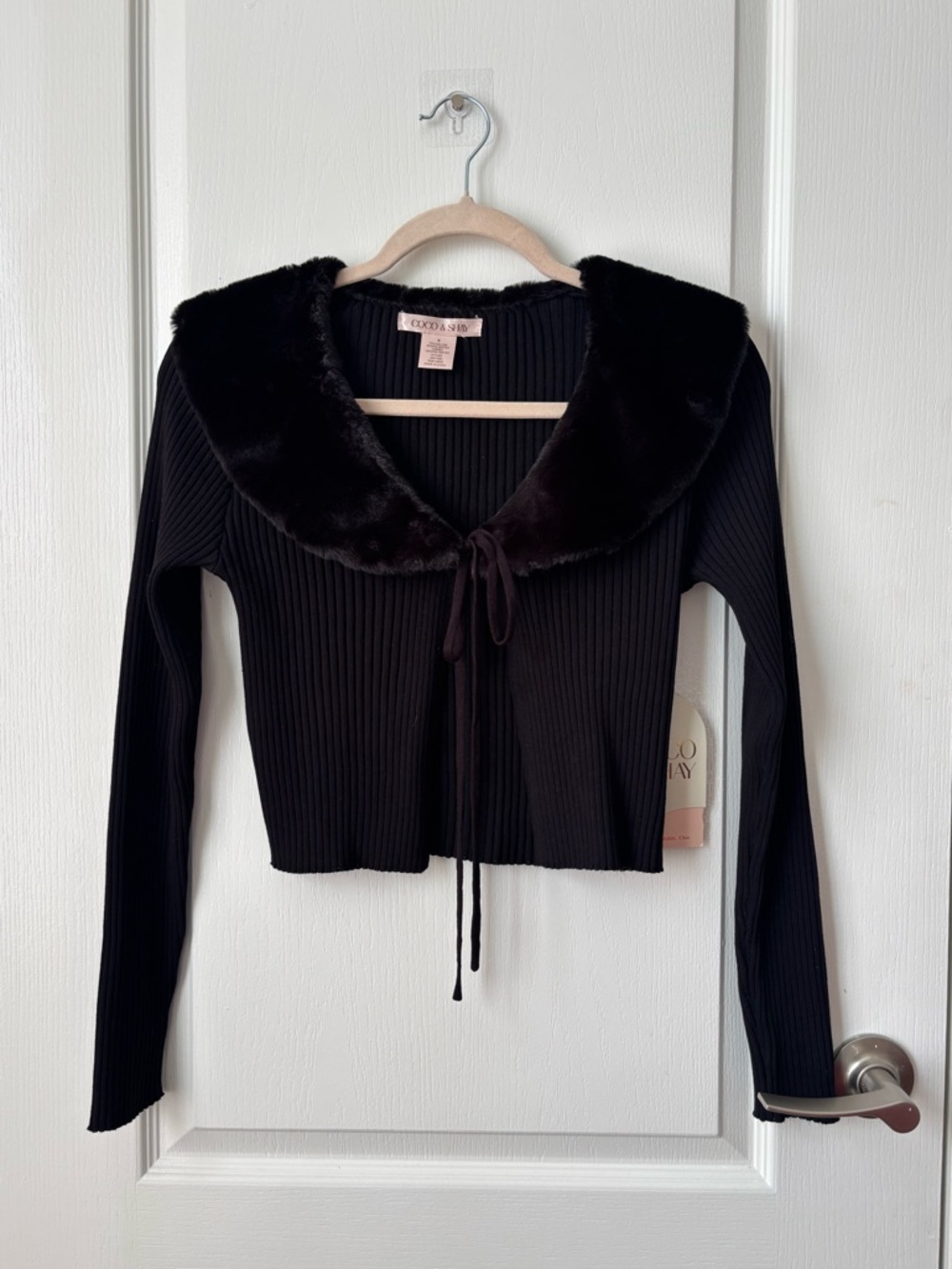 Black Ribbed Faux-Fur Collar Tie-Front Cardigan